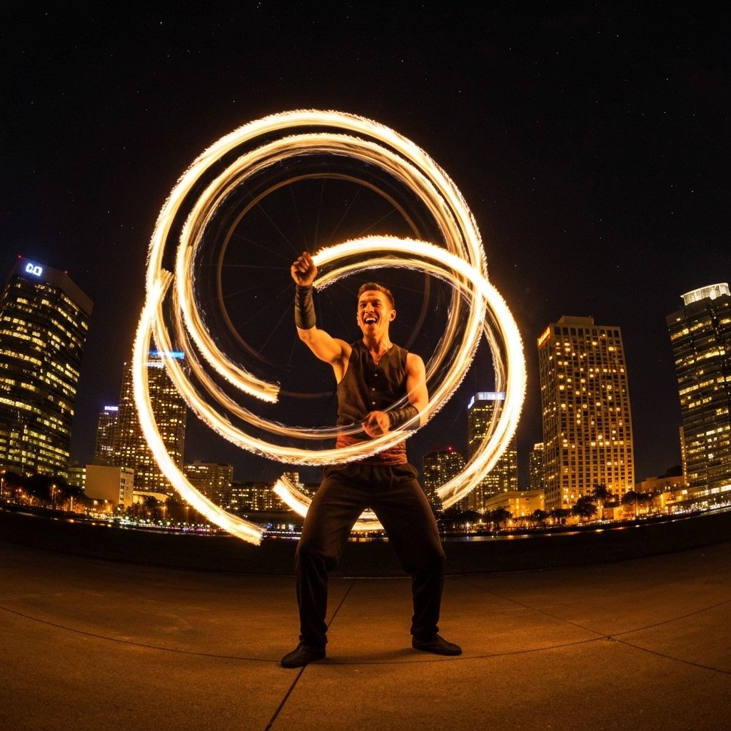 Fire Spinning Performance - Burn Monkeys Fire Flow Fire spinning performance with mesmerizing poi trails at night - professional fire dancer creating circular light patterns with fire poi
